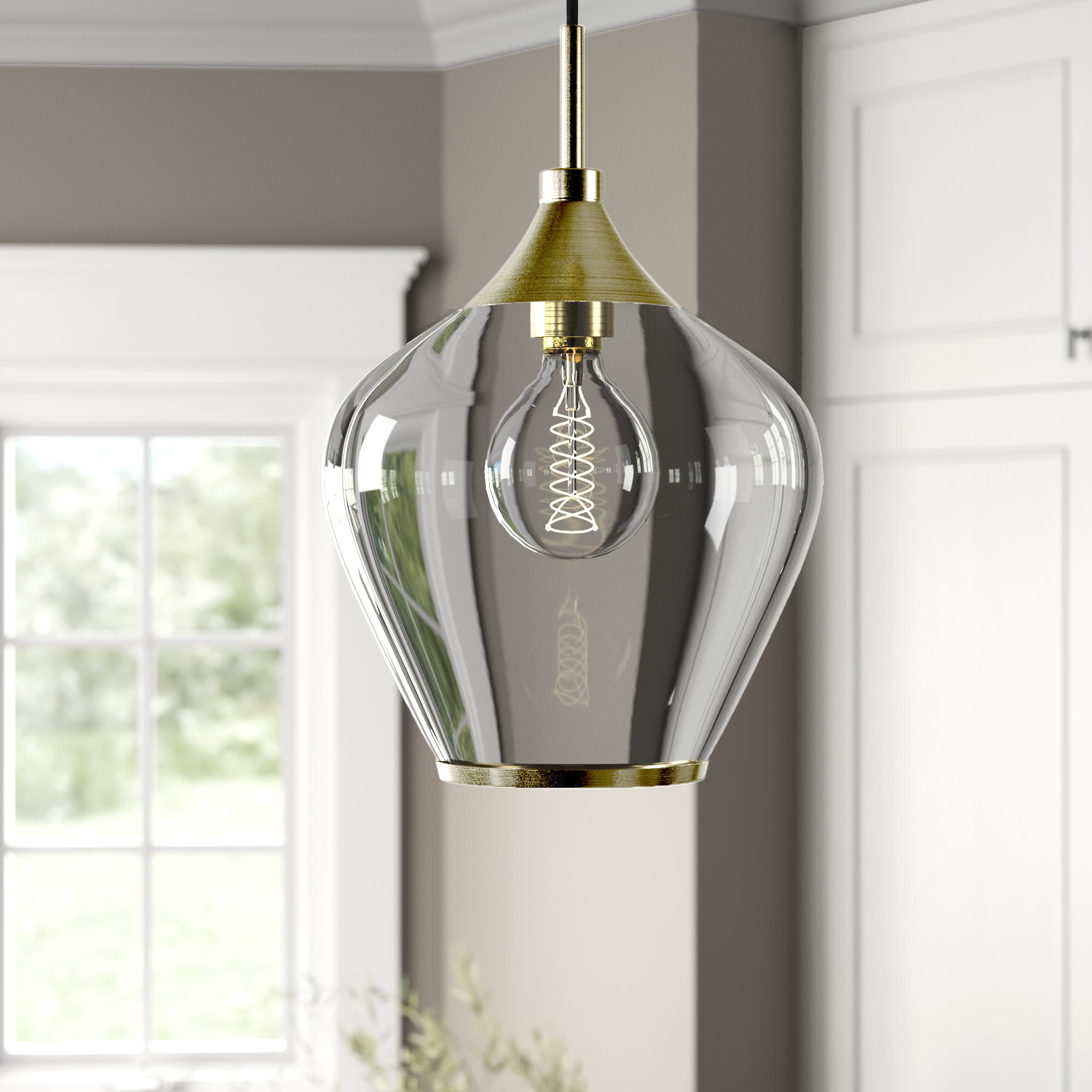 Single Light Glass Pendant, Antique Brass