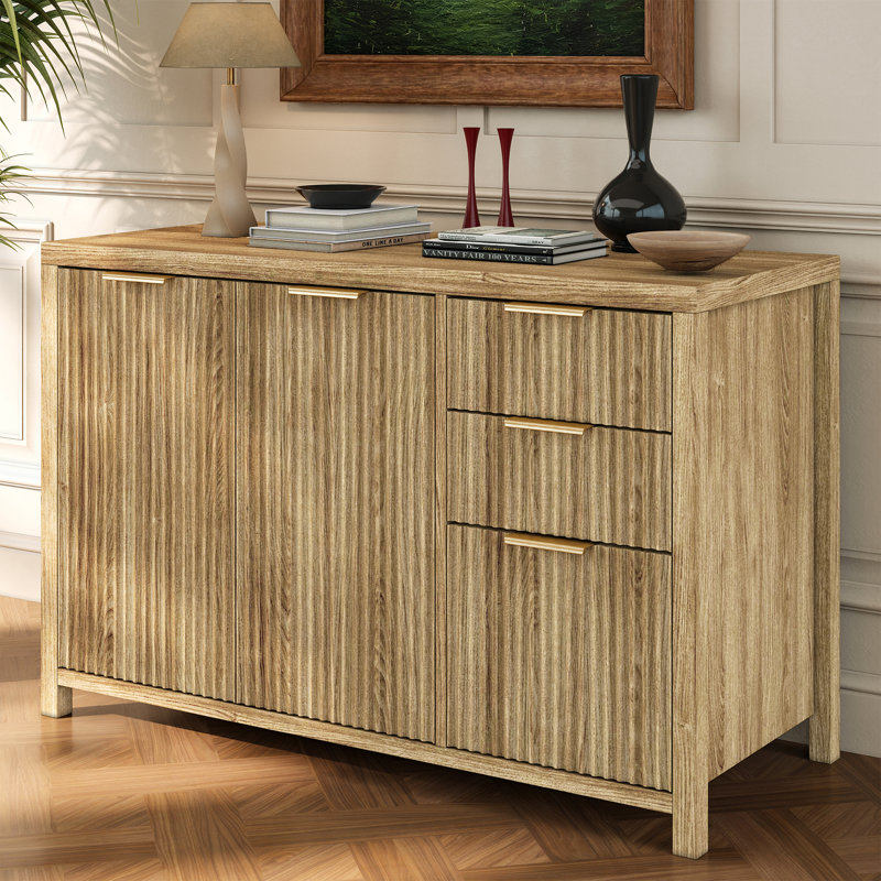 47" Wood Finish Striped Sideboard Buffet Cabinet With 3 Drawers & Adjustable Shelves