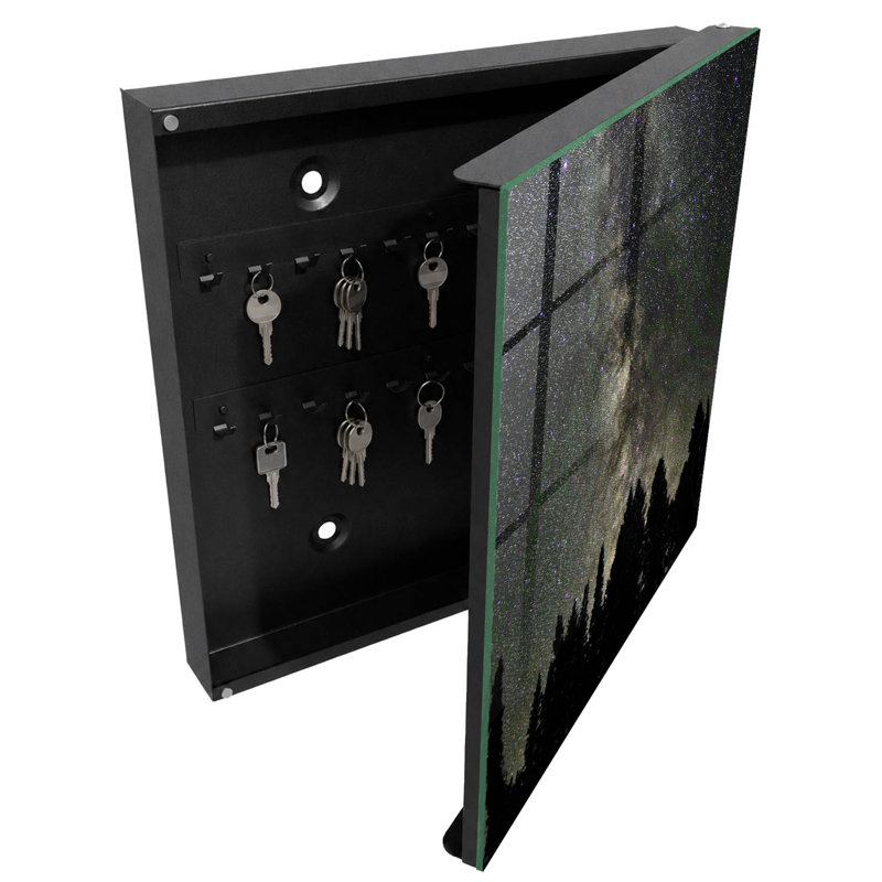 Key box for home, Opens to the left, 30x30x5, White, A night sky full of stars above dark trees, 