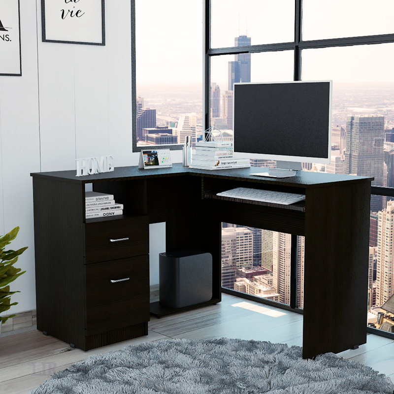 Elegant L-Shaped Desk With Retractable Keyboard Tray, Two Drawers, And Open Shelf For Modern Workspaces, Black