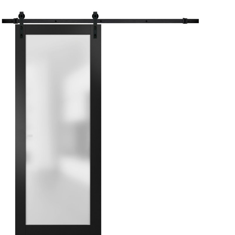 Planum Frosted Glass Wood Barn Door, 30" x 96", Black Matte, Black