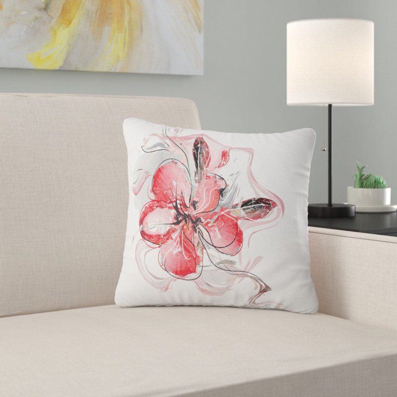 Croquis aquarelle rouge floral - coussin imprimé floral, 16 po x 1 po, Coussin décoratif