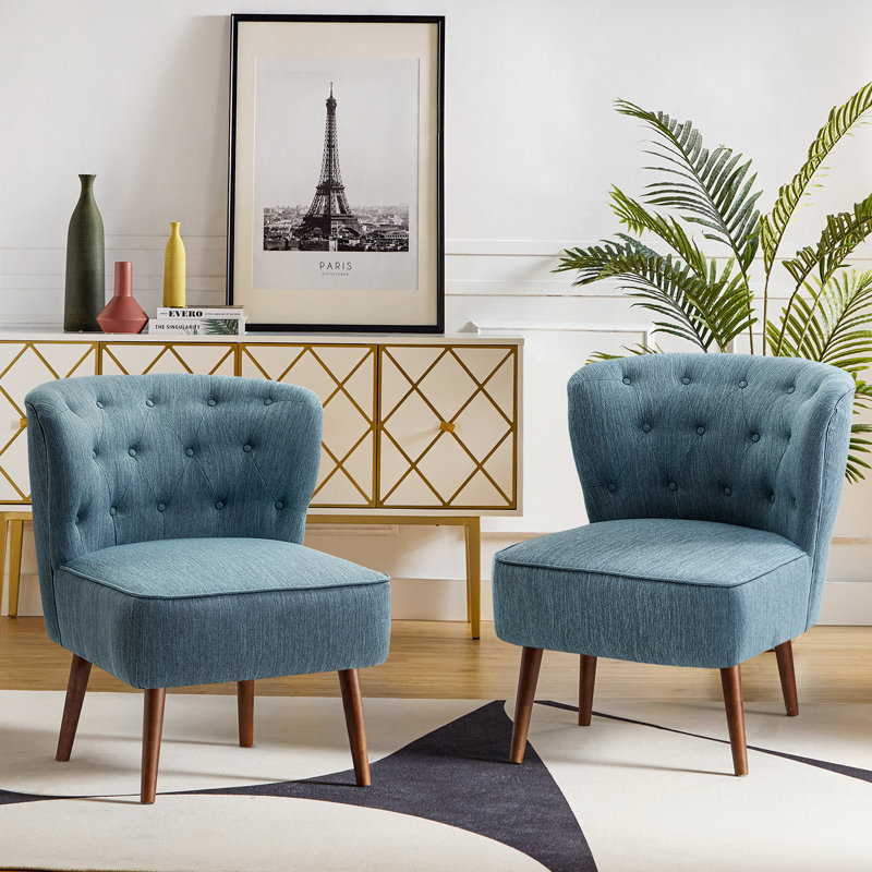 Afzal 25.8" W Modern Tufted Polyester Side Accent Chair with Solid Wood Legs, Blue Polyester Blend