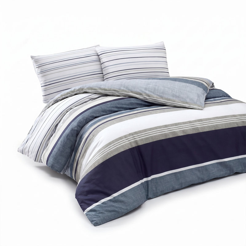 Literie Savoy à rayures 100 % coton, Housse de couette simple + 6 pièces supplémentai, Rayé bleu / blanc