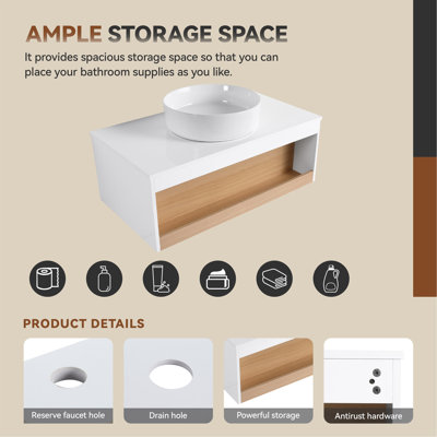 Meuble-lavabo flottant 36 po avec lavabo vasque rond blanc brillant, meuble-lavabo mural avec tablette ouverte, finition blanche avec comptoir durable, conception moderne peu encombrante (livré dans 2 boîtes)