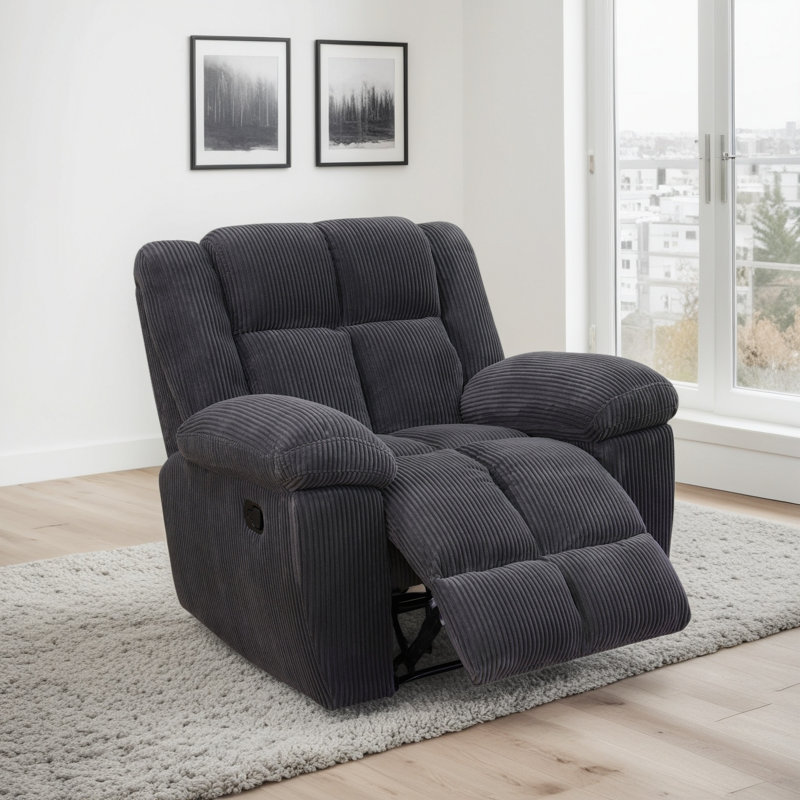 Manual Recliner Chair With Padded Armrests - Overstuffed Corduroy Upholstery, Solid Wood Frame, 400Lb Capacity, Dark Gray