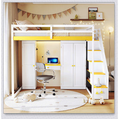 Lit mezzanine avec escalier de rangement, coiffeuse intégrée avec miroir et tiroir, garde-robe et armoires, ports et lumières de chargement USB