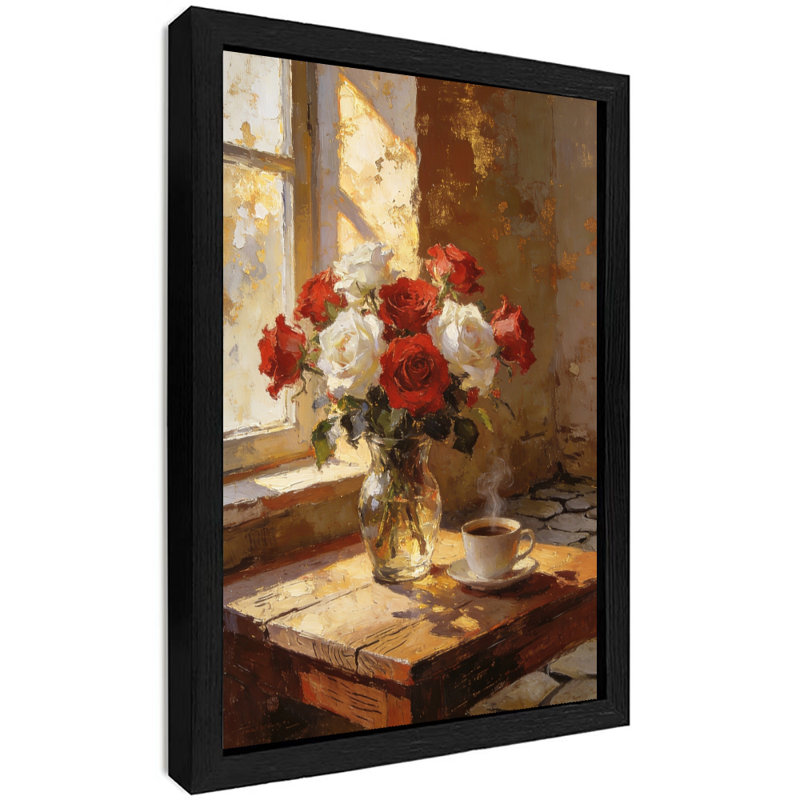 Reproduction d'art encadrée noire avec roses rétro sur le rebord de la fenêtre, peintures à l'huile aux tons chauds