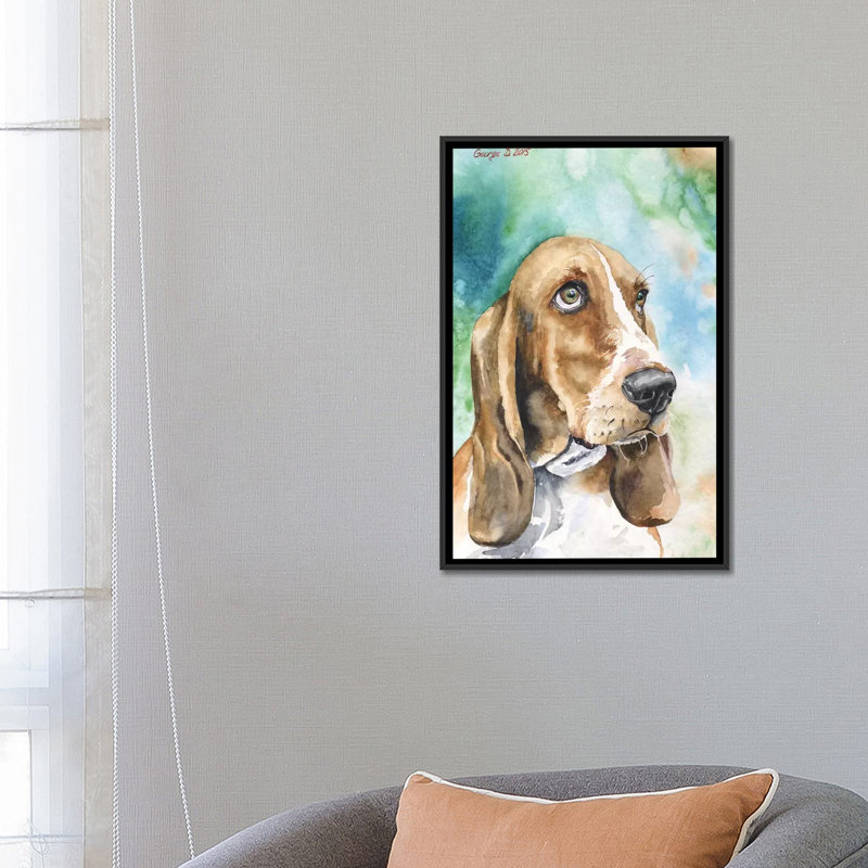 « basset i », reproduction sur toile, H 26 po x l 18 po x P 1,5 po, Toile avec cadre noir, Pas de tapis