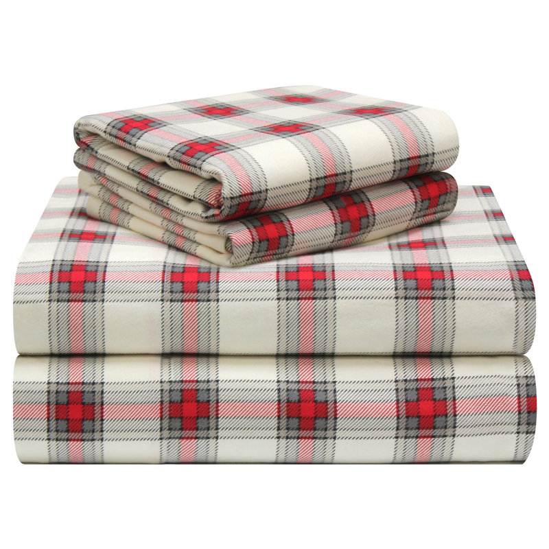 Flannel Plaid Sheet Set, Twin Sheet Set + Fitted Sheet + 2 Pillowcases, Red, Off White Manchester