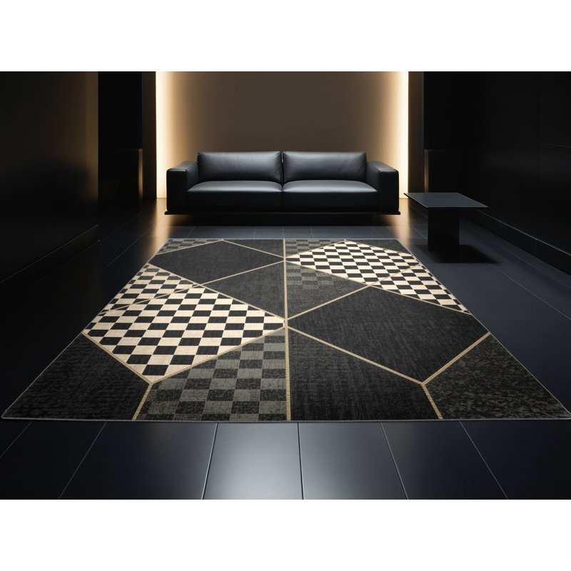 Machine Washable Arverne Art Deco Checkered Rug in Gray – Gray Binding, 5' Round