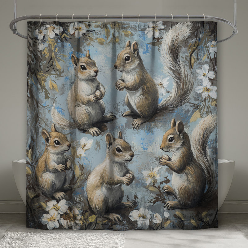 Rideaux de douche mignons écureuils avec fleurs, L 70 po x H 84 po