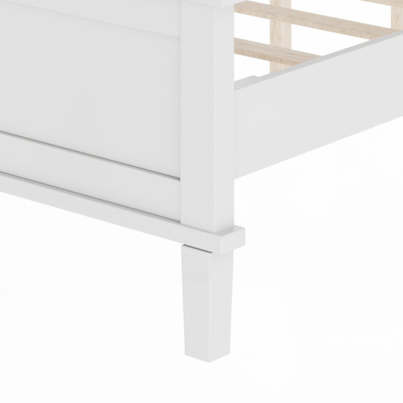 Mid-Century Wood Platform Bed With Headboard And Wood Slat Support, No Box Spring Needed, Queen, White