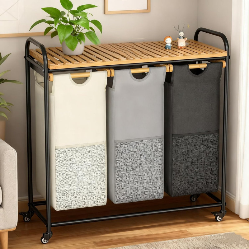 3 x 45 L Laundry Sorter Black with Removable Shelf and Pull-Out Bags for Laundry