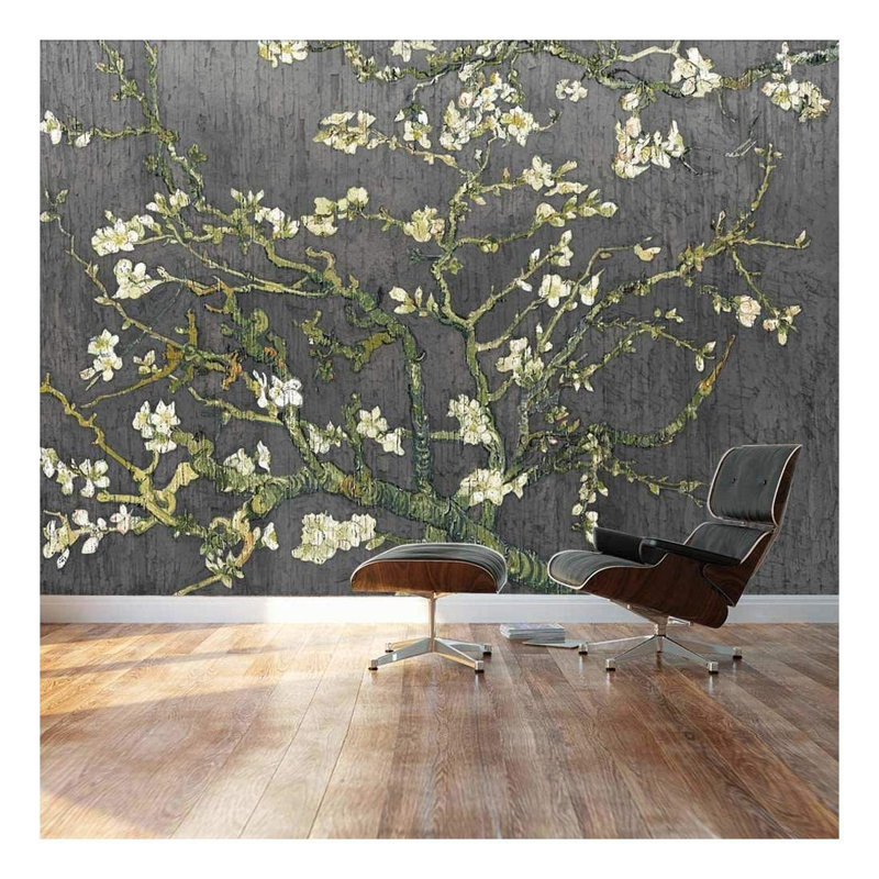 Almond Blossom Vincent Van Gogh, Floral Mural, Vintage Boho Removable Contact Paper, 144" W x 100" L, Gris