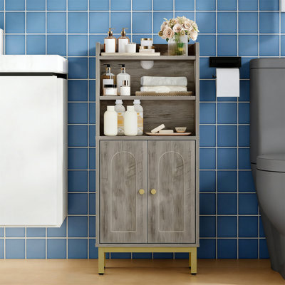 Small Bathroom Floor Cabinet With 2 Doors & Adjustable Shelf, Toilet Paper Storage, 7.1X14.6X32.7 In, Greige