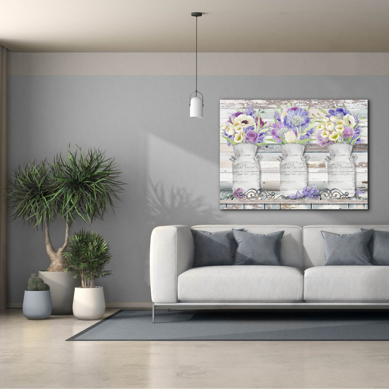 «Milk Cans With Florals A» par Jean Plout, art mural sur toile, H 40 po x l 54 po x P 1,5 po