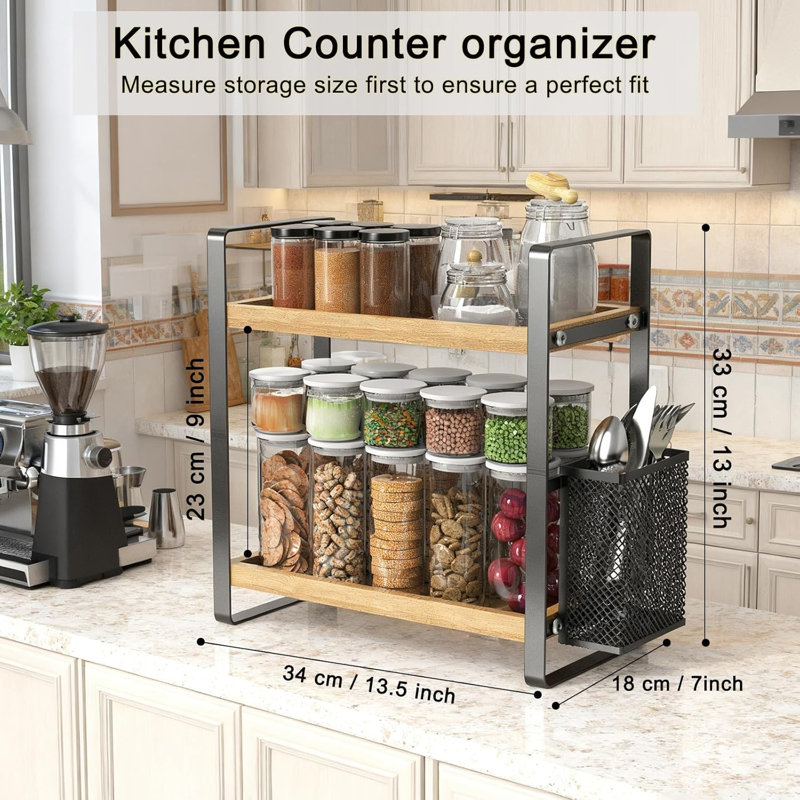 Organisateur de bar à café à 2 niveaux avec panier, tablette de comptoir en bois pour accessoires de bar à café, étagère à épices de cuisine - brun