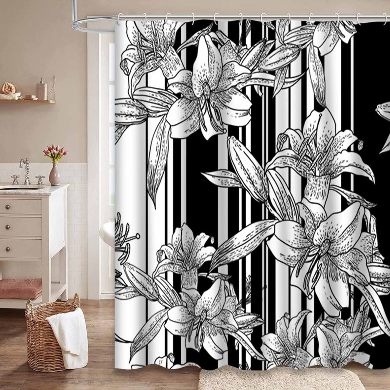 Rideau de douche sans couture à motif floral noir et blanc avec 12 crochets, 72" L x 84" W