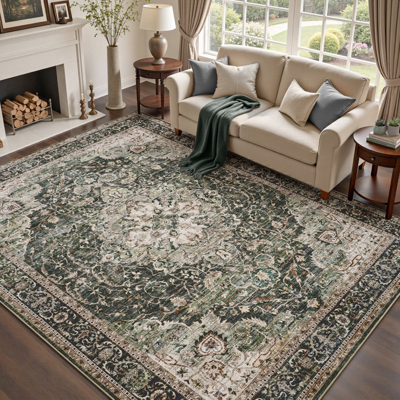 Soft Vintage Floral Non-Slip Washable Area Rug For Living Room, Bedroom Forest Green, Retangle 9' x 12', Beige/Green/Taupe