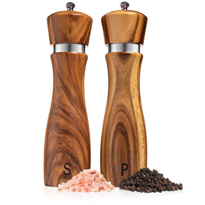 Wooden Salt And Pepper Grinder Set: Refillable Salt & Pepper Mills Adjust For Customized Coarseness,  8 Inches Each,Brown