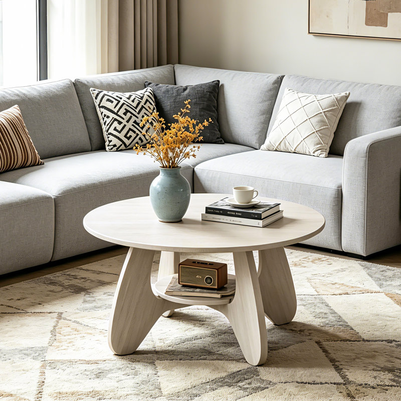 31.5" Circle Coffee Table for Living Room, 2-Tier Wood Accent Center Table with Open Storage, White