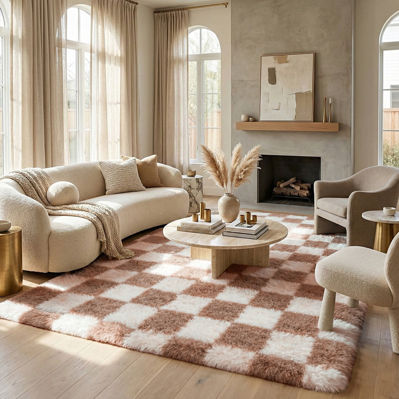 Plush Checkered Shag Area Rug - Soft Fluffy Camel & White Grid Fleece Carpet for Living Room, Bedroom, Dry-Clean Only, High-Pile Shaggy Rug with Modern Checkerboard Pattern, Cozy Non-Slip Floor Decor for Contemporary Home Spaces