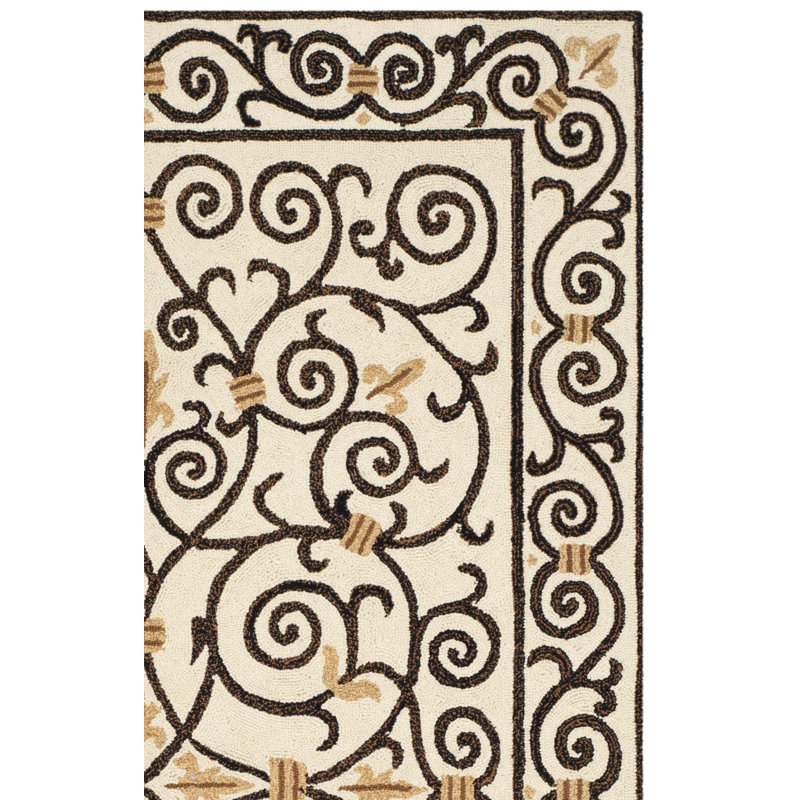 Helena Oriental Hand Hooked Wool Ivory / Dark Brown Area Rug, Rectangle 2'6" x 4'