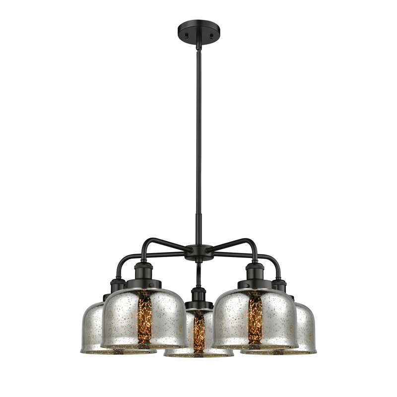 Lustre en verre à 5 lumières Bell, Argent mercuré plaqué, Noir mat