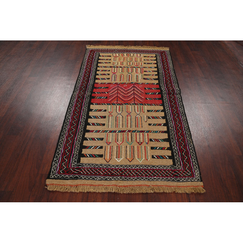 Tapis rouge / brun en laine nouée à la main de conception unique 3 pi 6 po x 6 pi 2 po New Age