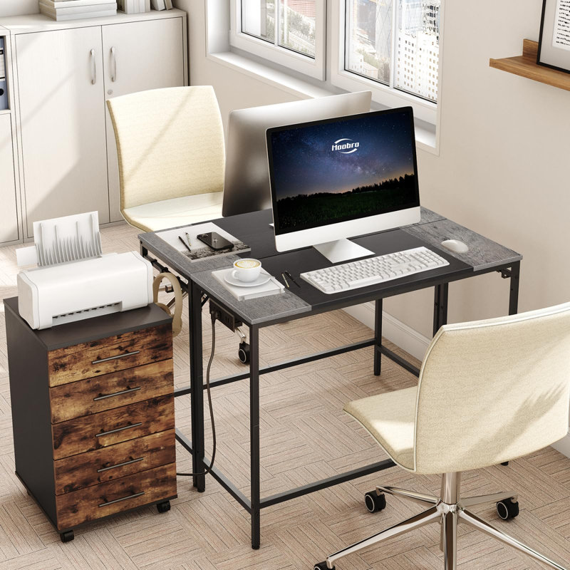 Computer Desk, Home Office Desk With Power Outlet, Modern Study Writing Desk With 3 Hooks For Study Room, Home Office, Sturdy And Stable, Easy To Assemble, Charcoal Gray And Black