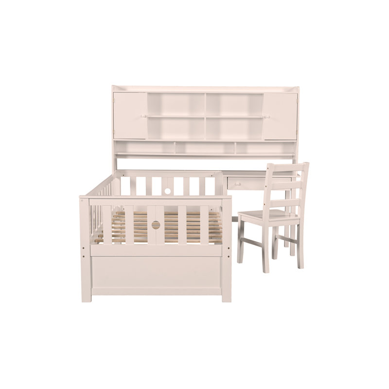 Multifunctional Wood Platform Bed with Bookshelf at the Head of the Bed, Built-in Desk and Matching Chair,