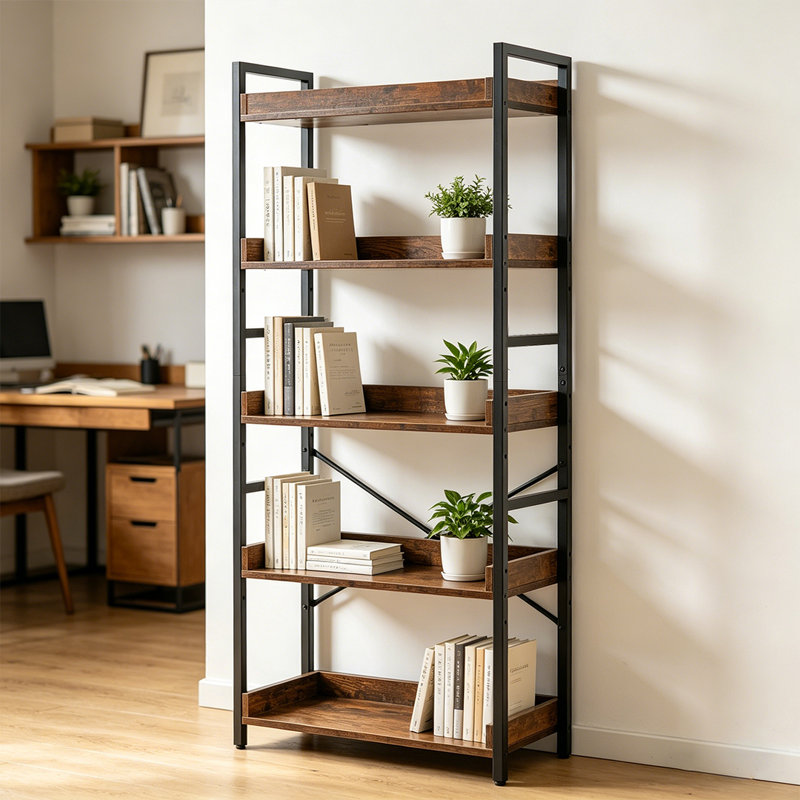 Bibliothèque industrielle ajustable, bibliothèque verticale en bois avec cadre en métal pour bureau à domicile, salon, chambre à coucher