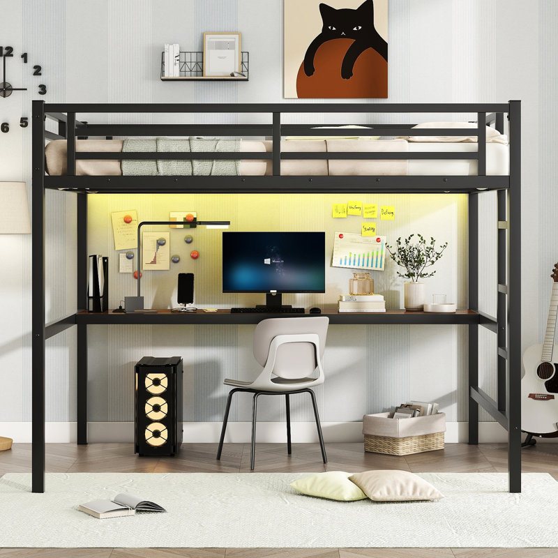 Black Metal Full Loft Bed With Desk, Power Entry, Led - Save Space, Decrease Noise Charging, Black, Space Saving, Reducing Quality Element