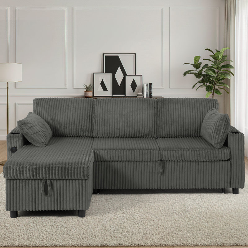 84" Corduroy L Shaped Sofa W/ Pull Out Sofa Bed & Adjustable Backrests, Gray