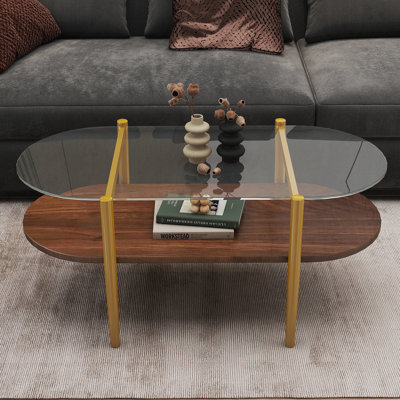 Table basse ovale en verre de forme moderne, format 41 po x l 21 po x H 17 po, pour le salon, structure à double couche avec fonction de rangement, verre transparent et panneau de fibres à densité moyenne brun café