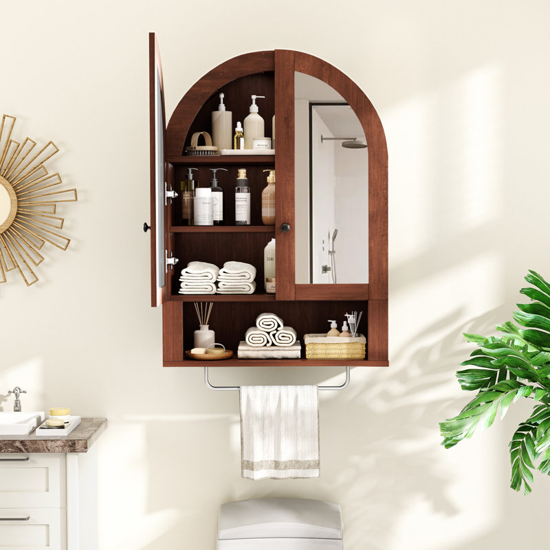 Armoire murale arquée avec portes en miroir et tablettes réglables, Brun