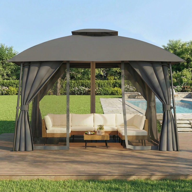 Pavillon de jardin extérieur en acier 10 po x 12 pi avec double toit, Gris clair