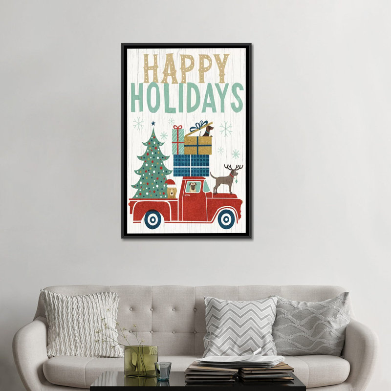 «Holiday on Wheels Series: Happy Holidays II» par Michael Mullan, reproduction d'art textuel sur toile, Toile encadrée noire