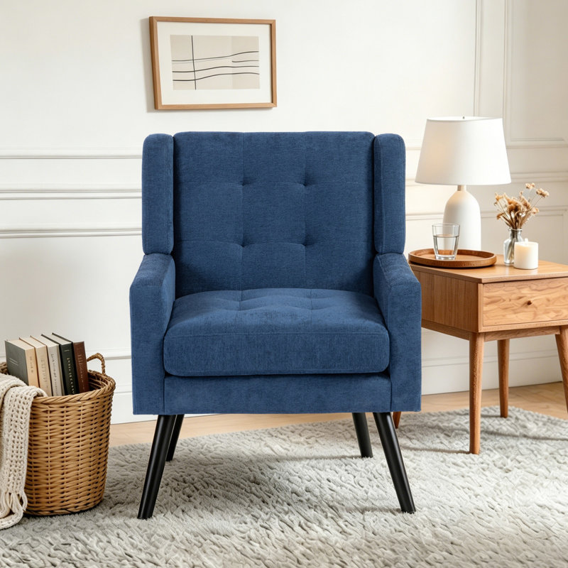 Fauteuil capitonné à dossier large rembourré, Lin bleu marin