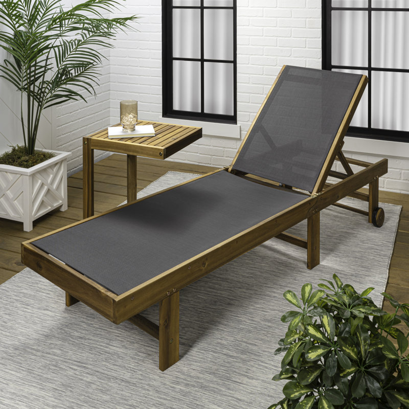 Trabuco Modern 2-Piece Acacia Wood Outdoor Chaise Lounge Chair & Side Table Set, Adjustable Sling Backrest with Wheels, Teak Brown/Dark Gray