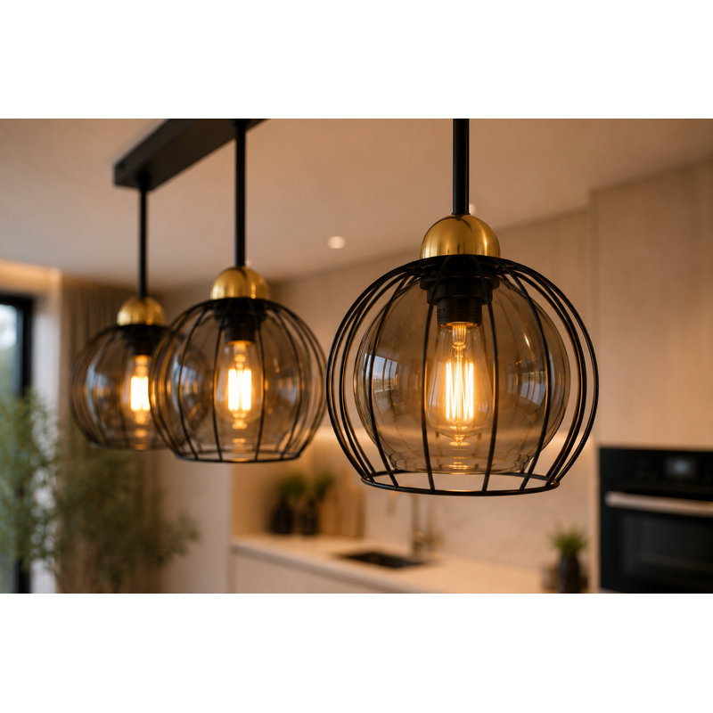 Glass Semi Flush Mount, Matt Black/Gold, 70cm W x 20cm D, 3 Lights