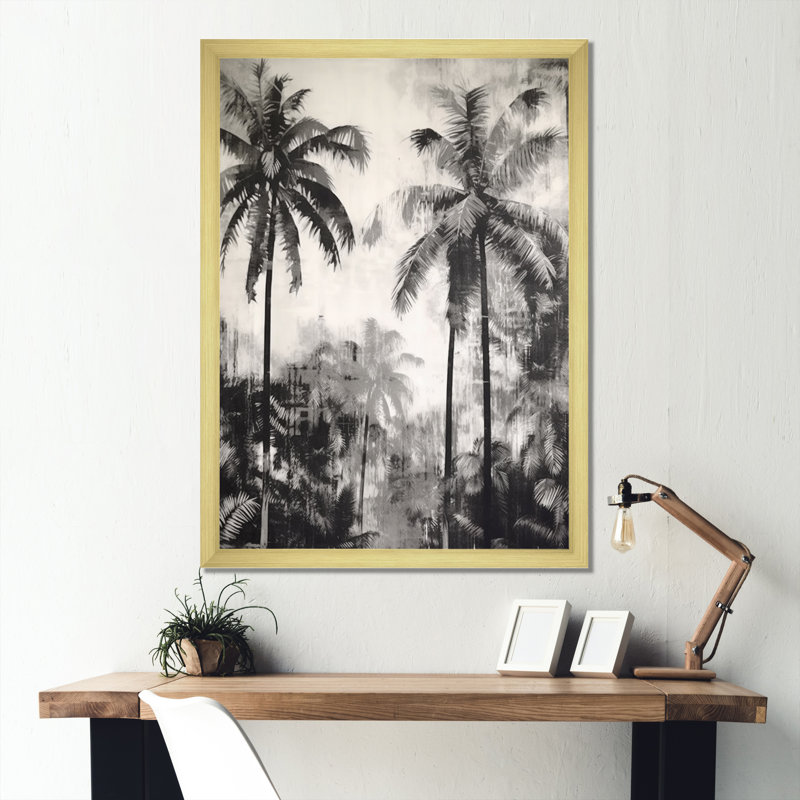 Palmier noir et blanc II sur toile, Cadre photo doré simple, H 40 po x l 30 po x P 1,5 po