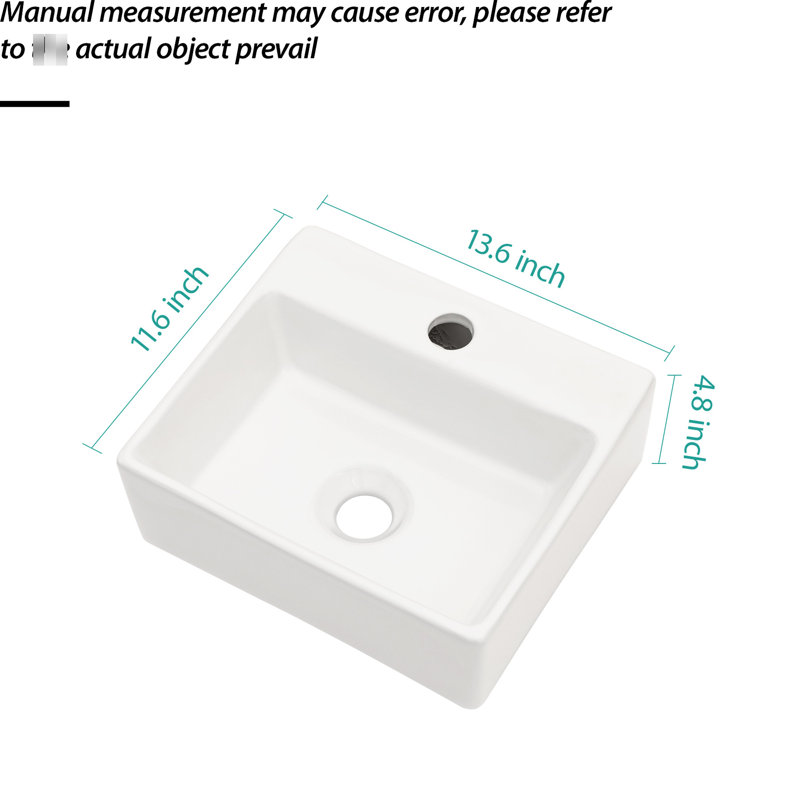 Lavabo de salle de bain mural rectangulaire en céramique blanche 13,6 x 11,6 pouces, teint, faible absorption d'eau, style flottant, accessoires de montage avec lavabo simple, surface lisse acide, moderne