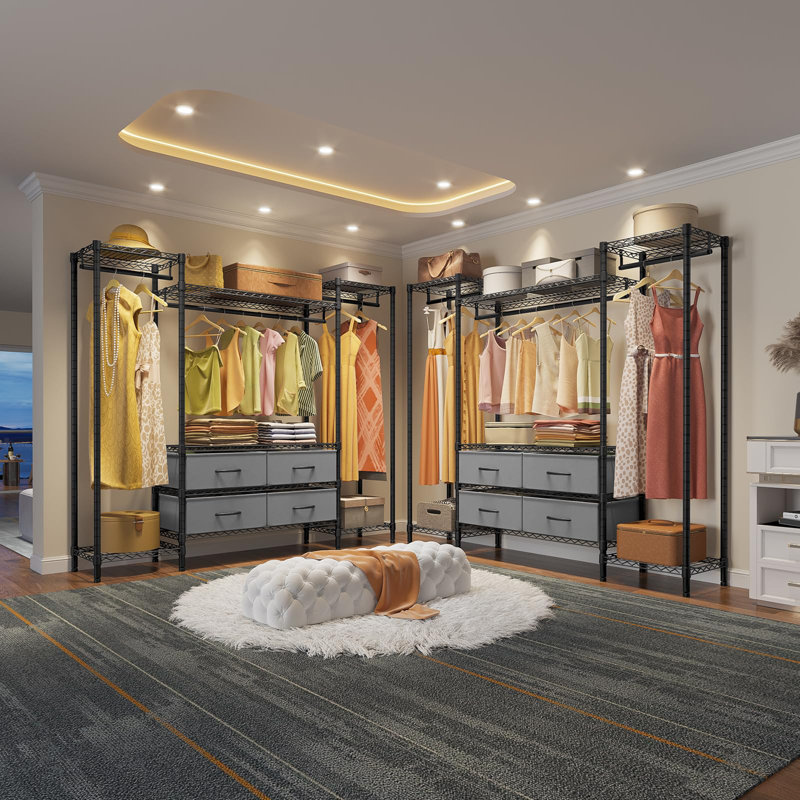 Nicholaos 180cm H x 154cm W Metal Clothing Rack with 6 Shelves, 3 HangRods, and 4 Fabric Drawers, Black/Grey
