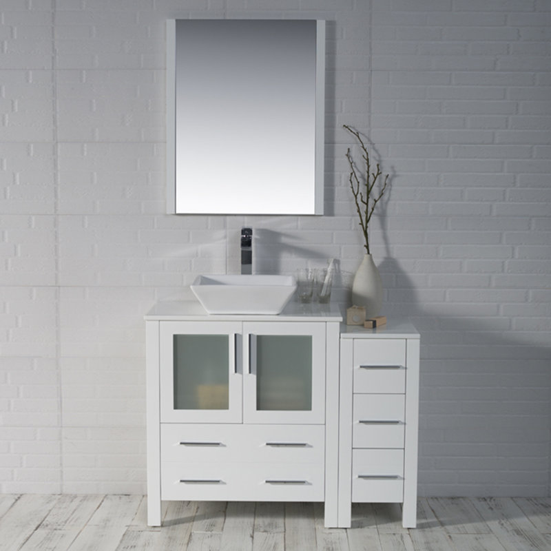 Ensemble de meuble-lavabo simple 42 po avec miroir Mance, Blanc lustré