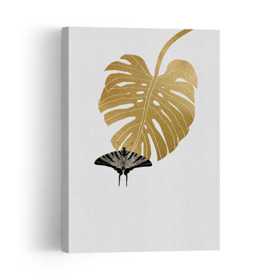 Golden Monstera Butterfly Elegant Modern Abstract Butterfly Forest Landscape Wall Art Print 1 Piece Wrapped Canvas Wall Art