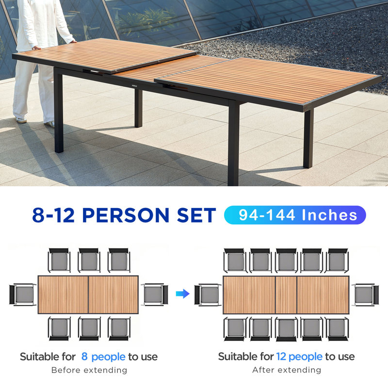 Heck Rectangular Outdoor Dining Set with Extension Tabletop, 12, Dark Charcoal, 30.3" H x 134" W x 39.4" D