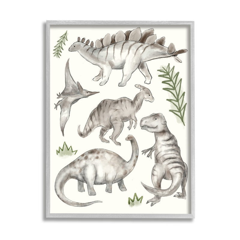 Dinosaures gris ludiques, plantes vertes minimes, H 30 po x l 24 po, Estampe numérique Farmhouse