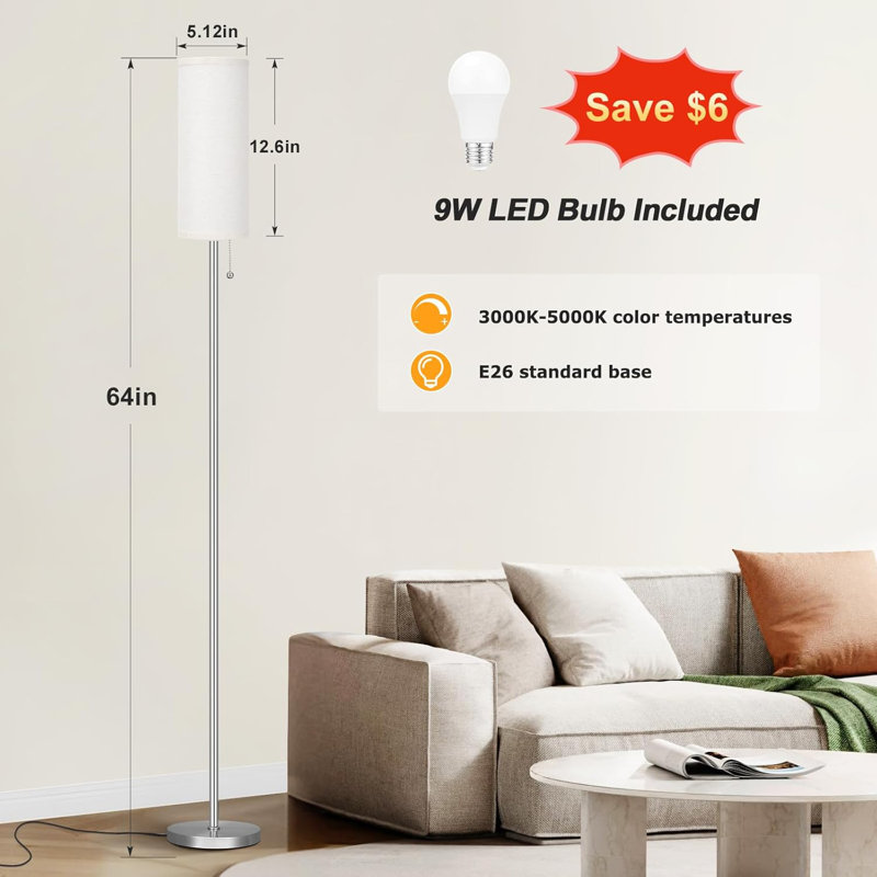 Modern Floor Lamp For Living Room With 3 Color Temperature LED Bulb, 64" Standing Lamp With Linen Shade, Minimalist Pole Design For Bedroom, Office & More